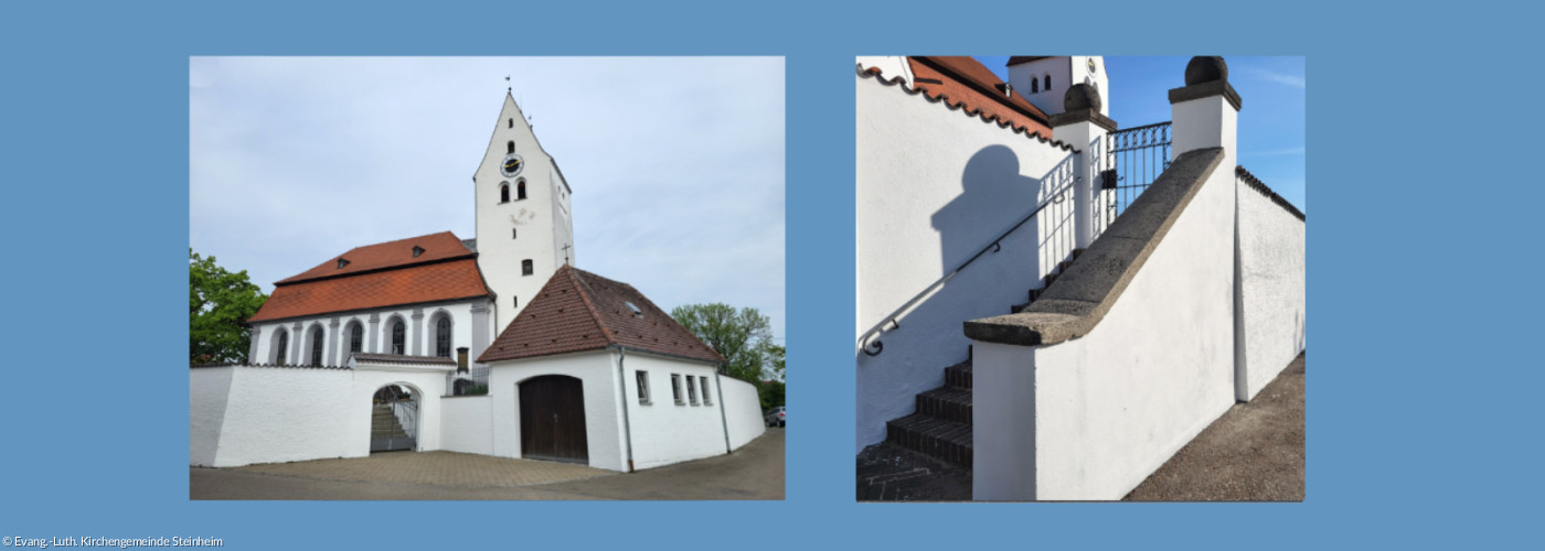 Kirche St. Martin Totalansicht (links) und Treppenaufgang zur Kirche (rechts)