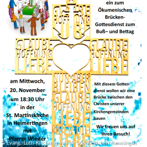 Poster Einladung zum Brücken-Gottesdienst am Buß- und Bettag, 20.11., 19:30 Uhr, Martinskirche Heimertingen