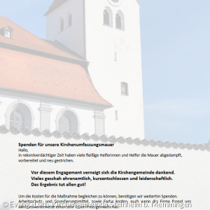 Dank für die Hilfe und Bitte um Spende für die Kirchenumfassungsmauer