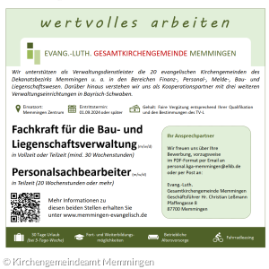 Anzeige einer Stellenausschreibung für Bauverwaltung und Personalverwaltung im Kirchengemeindeamt Memmingen